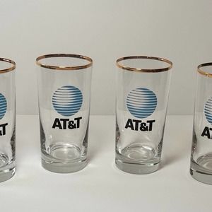 Set of 4 Tall AT&T Logo With Gold‎ Rim Drinking Glasses